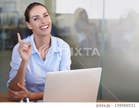 Business, portrait and happy woman with idea, hand gesture and smile for company development, plan and online solution. Laptop, mockup space and admin worker with eureka emoji icon for conclusion 139560531