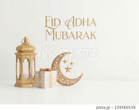 Eid al-adha mubarak greeting with crescent moon gift box lantern middle east festival decoration greeting celebration religious traditional ornament blessing sacrifice community spiritual Eid al-adha mubarak greeting with crescent moon gift box lantern middle east festival decoration greeting celebration religious traditional ornament blessing sacrifice community spiritual 139560538