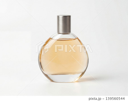 Elegant perfume bottle with golden liquid glass bottle personal care white background round bottle glass container women s perfume men s cologne fragrance bottle beauty product cosmetic pack 139560544