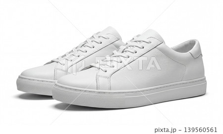 Pair of clean white leather sneakers with white laces on a white background white sole sneakers footwear athletic minimalist isolated clothing training everyday textured commercial Pair of clean white leather sneakers with white laces on a white background white sole sneakers footwear athletic minimalist isolated clothing training everyday textured commercial 139560561