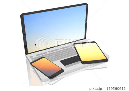 Laptop, tablet and smartphone with sky on screens isolated on white background - 3D illustration 139560611