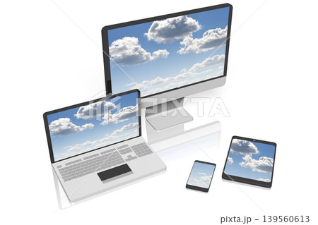 Computer monitor, laptop, tablet and smartphone with sky on screens isolated on white background 139560613