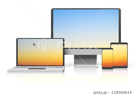Monitor, laptop, tablet and smartphone with sky on screens isolated on white background - 3D illustration Monitor, laptop, tablet and smartphone with sky on screens isolated on white background - 3D illustration 139560614