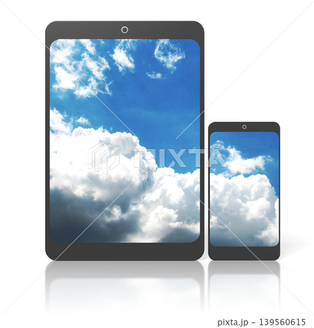 Tablet and smartphone with sky on screens isolated on white background - 3D illustration 139560615