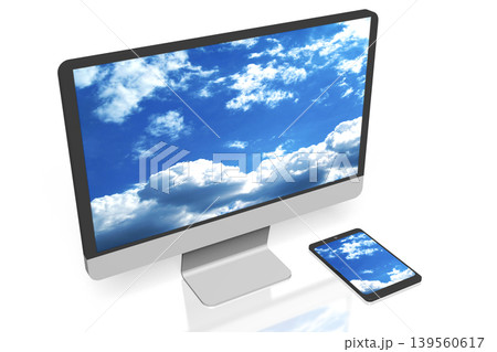Computer monitor and tablet with sky on screens isolated on white background - 3D illustration Computer monitor and tablet with sky on screens isolated on white background - 3D illustration 139560617