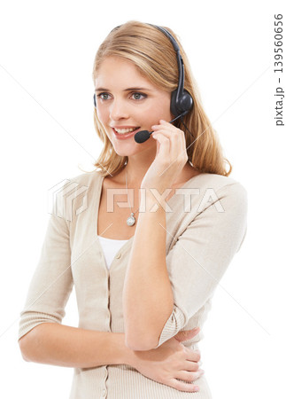 Woman, call center and communication in studio for customer service, CRM questions or help for IT support on white background. Telemarketing agent, consultant or microphone for FAQ, advice or contact Woman, call center and communication in studio for customer service, CRM questions or help for IT support on white background. Telemarketing agent, consultant or microphone for FAQ, advice or contact 139560656