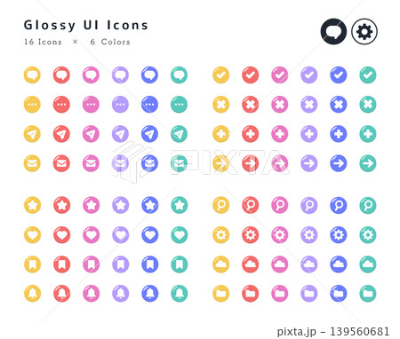 ぷっくりしたセミフラットのUIアイコン16種セット(6色のカラーバリエーション) ぷっくりしたセミフラットのUIアイコン16種セット(6色のカラーバリエーション) 139560681