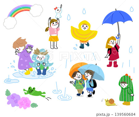 雨の日の元気な子供たち カラフルなキッズイラストセット(傘・レインコート・アジサイ) 雨の日の元気な子供たち カラフルなキッズイラストセット(傘・レインコート・アジサイ) 139560684
