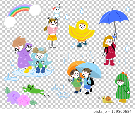 雨の日の元気な子供たち カラフルなキッズイラストセット(傘・レインコート・アジサイ) 雨の日の元気な子供たち カラフルなキッズイラストセット(傘・レインコート・アジサイ) 139560684