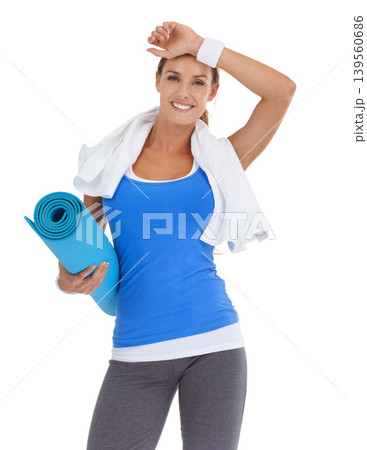 Yoga mat, sports and portrait of woman in studio for health, body or pilates workout. Fitness, towel and happy young female person with equipment for exercise or training isolated by white background 139560686