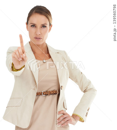 No finger, businesswoman and angry portrait with protest, caution or wrong hand sign to stop in studio. White background, serious or professional manager with refuse, rejection or forbidden gesture No finger, businesswoman and angry portrait with protest, caution or wrong hand sign to stop in studio. White background, serious or professional manager with refuse, rejection or forbidden gesture 139560798