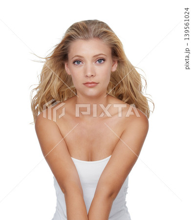 Woman, portrait and beauty with shampoo in studio for hair care, keratin treatment and cosmetics shine. Model, person and confidence with skincare, collagen texture and hairstyle on white background Woman, portrait and beauty with shampoo in studio for hair care, keratin treatment and cosmetics shine. Model, person and confidence with skincare, collagen texture and hairstyle on white background 139561024