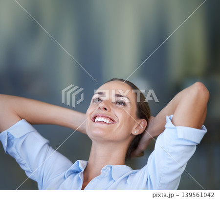Woman, office and resting for work, happy and hands on head for relaxing, satisfied and thinking female person. Businesswoman, break and done with job, workplace and finished with company tasks 139561042