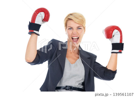 Businesswoman, portrait and boxing gloves with excitement for corporate win, confident and white background. Executive, victory and celebration for business success, triumph and female person 139561107