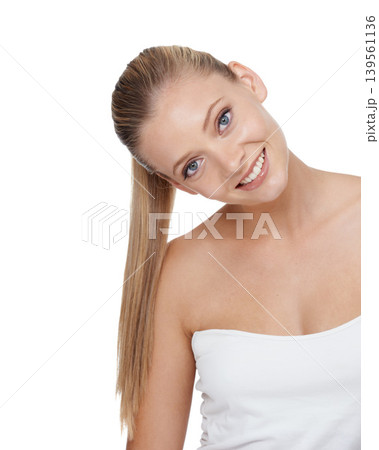 Happy woman, portrait and skincare for natural beauty, cosmetics or makeup on a white studio background. Face of young female person or model smile for facial treatment, shine or glow on mockup space 139561136