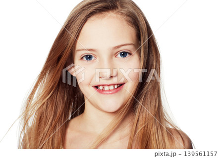 Child, portrait and smile in studio or confidence for good mood, youth or mockup space. Female person, model and happiness as young relaxed girl for innocent positivity, relax or white background Child, portrait and smile in studio or confidence for good mood, youth or mockup space. Female person, model and happiness as young relaxed girl for innocent positivity, relax or white background 139561157