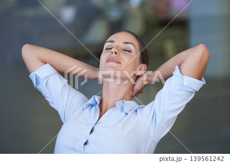Woman, office and relaxing at work, eyes closed and hands on head for resting, satisfied and female person. Businesswoman, smiling and entrepreneur for job, workplace and done with company projects Woman, office and relaxing at work, eyes closed and hands on head for resting, satisfied and female person. Businesswoman, smiling and entrepreneur for job, workplace and done with company projects 139561242