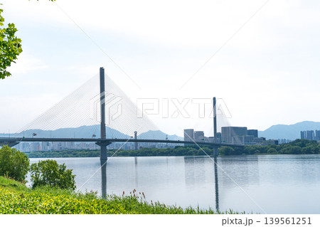 Seoul, South Korea - May. 10, 2026 : Guri-Topyeong Bridge and a peaceful riverside walking path along the Han River in Guri, South Korea 139561251