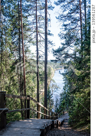 View of river trail in Gauja National Park with forest and stone formations 139561287
