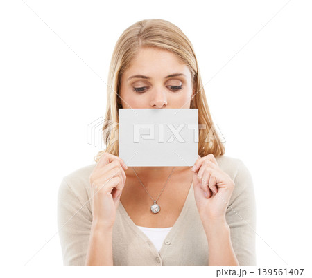 Poster mockup, face and woman with blank card, sign or news on paper in white background. Studio, space or person with a empty signage for information on choice, decision or cardboard announcement Poster mockup, face and woman with blank card, sign or news on paper in white background. Studio, space or person with a empty signage for information on choice, decision or cardboard announcement 139561407