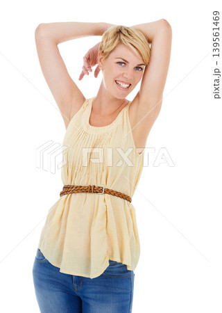 Happy woman, portrait and relax in fashion, style or clothing isolated on a white studio background. Female person, model or blonde smile for freedom in stylish denim jeans or casual wear on mockup Happy woman, portrait and relax in fashion, style or clothing isolated on a white studio background. Female person, model or blonde smile for freedom in stylish denim jeans or casual wear on mockup 139561469