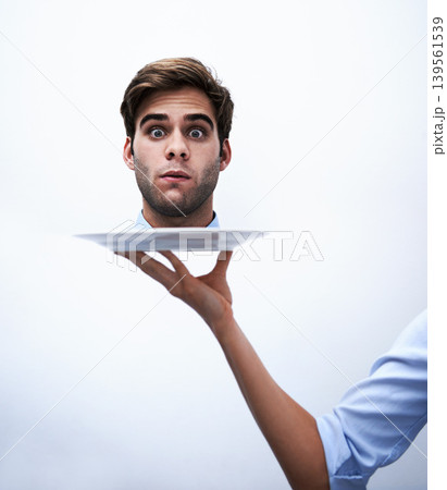 Head, plate or portrait of business man punishment for company mistake, corporate crisis or fail. Studio dish, decapitated or hand serving shocked enemy after conflict for warning on white background 139561539