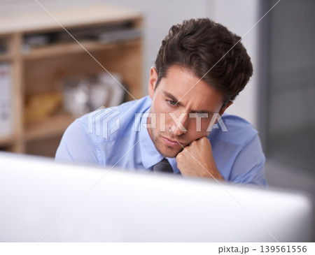 Business man in office, thinking and productivity, lawyer busy with case research, review and analysis. Professional, workflow and reading on computer with attorney in workplace, expert and solution 139561556