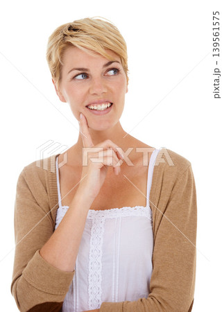 Happy woman, face and thinking for idea, choice or decision isolated on a white studio background. Female person, model or blonde smile in wonder or thought for brainstorming or positive mindset 139561575