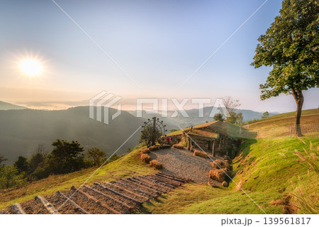 Scenic Sunrise Over Mountain Landscape with Rustic Cabin in Chiangrai 139561817