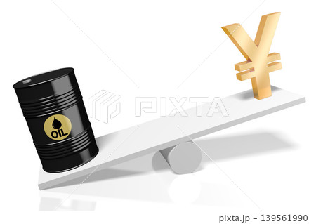 Oil barrel and yen currency sign on a swing Oil barrel and yen currency sign on a swing 139561990