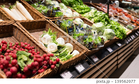 Fresh vegetables display in supermarket grocery Fresh vegetables display in supermarket grocery 139562077