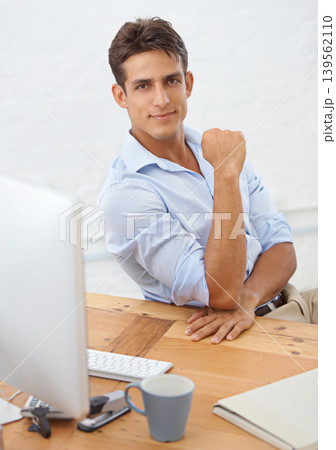 Businessman, computer or portrait with confidence at desk with pride for career ambition or mindset. Person, serious manager or male employee with company experience at workplace, office or desk job 139562110