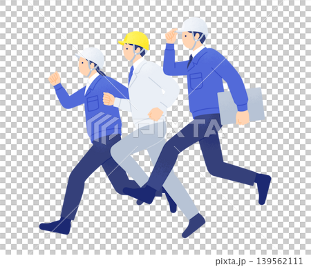 A full-body vector illustration of three workers, two men and two women, wearing helmets, moving forward with great force. A full-body vector illustration of three workers, two men and two women, wearing helmets, moving forward with great force. 139562111