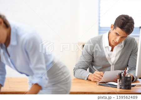 Sexual harassment, businessman checking or body of employee in office working with coworker looking. Watch, spy problem or woman with toxic person or unprofessional male colleague or pervert peeping 139562489