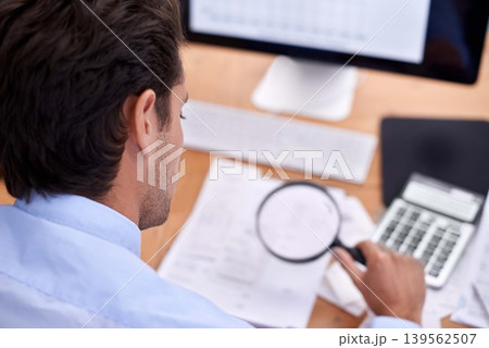 Finance, businessman and magnifying glass in office with accounting career, budget and bills planning. Entrepreneur, person and bookkeeper with rear view for asset management, expenses and investment Finance, businessman and magnifying glass in office with accounting career, budget and bills planning. Entrepreneur, person and bookkeeper with rear view for asset management, expenses and investment 139562507