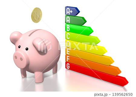 Energy consumption, efficiency chart and piggy bank - savings concept - 3D illustration Energy consumption, efficiency chart and piggy bank - savings concept - 3D illustration 139562650