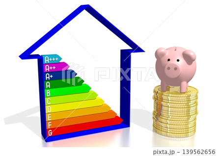 House shape, piggy bank, golden coins and energy consumption chart - 3D illustration House shape, piggy bank, golden coins and energy consumption chart - 3D illustration 139562656