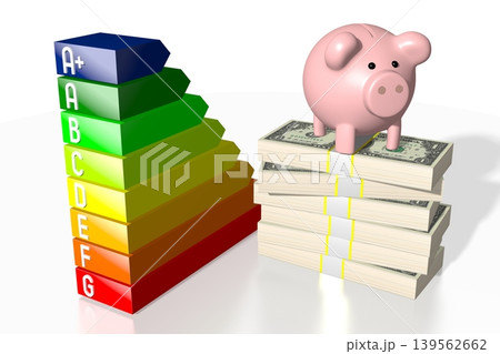 Piggy bank, money banknotes and energy consumption chart - 3D illustration Piggy bank, money banknotes and energy consumption chart - 3D illustration 139562662
