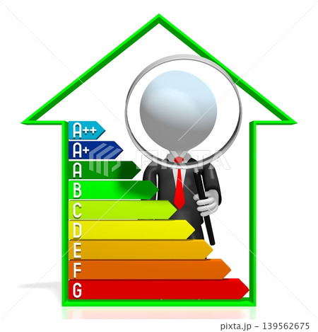Cartoon character with magnifying glass, house shape and power consumption, efficiency chart - 3D illustration Cartoon character with magnifying glass, house shape and power consumption, efficiency chart - 3D illustration 139562675