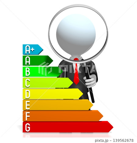 Cartoon character with magnifying glass and energy consumption chart - 3D illustration Cartoon character with magnifying glass and energy consumption chart - 3D illustration 139562678