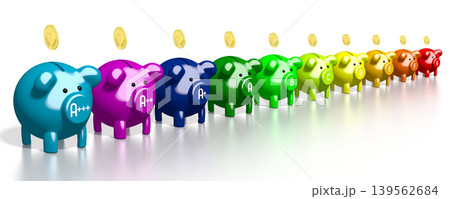 Colorful piggy banks and coins - power consumption, saving, efficiency concept - 3D illustration Colorful piggy banks and coins - power consumption, saving, efficiency concept - 3D illustration 139562684