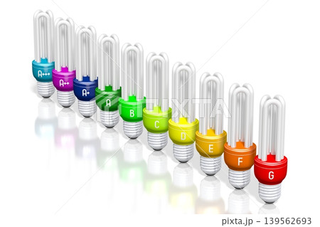 Electrical energy consumption, efficiency concept with colorful ligh bulbs - 3D illustration Electrical energy consumption, efficiency concept with colorful ligh bulbs - 3D illustration 139562693