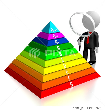 Cartoon character with magnifying glasss and pyramid power consumption, efficiency chart - 3D illustration Cartoon character with magnifying glasss and pyramid power consumption, efficiency chart - 3D illustration 139562698