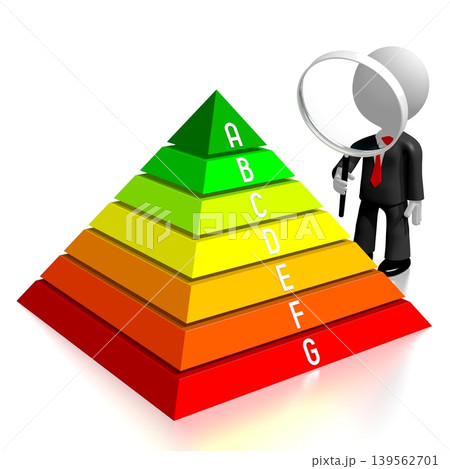 Cartoon character with magnifying glasss and pyramid power consumption, efficiency chart - 3D illustration Cartoon character with magnifying glasss and pyramid power consumption, efficiency chart - 3D illustration 139562701