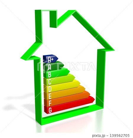 House shape and energy consumption, effectivity, rating chart - 3D illustration House shape and energy consumption, effectivity, rating chart - 3D illustration 139562705