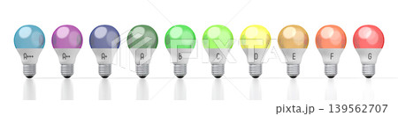 Electrical energy consumption, efficiency concept with colorful ligh bulbs - 3D illustration Electrical energy consumption, efficiency concept with colorful ligh bulbs - 3D illustration 139562707