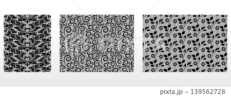 Geometric floral set of seamless patterns. Gray and black vector backgrounds. Damask graphic ornaments Geometric floral set of seamless patterns. Gray and black vector backgrounds. Damask graphic ornaments 139562728