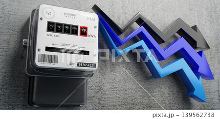 Electricity meter and downwards arrows - 3D illustration 139562738