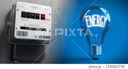 Electricity meter and light bulb - energy concept - 3D illustration 139562739