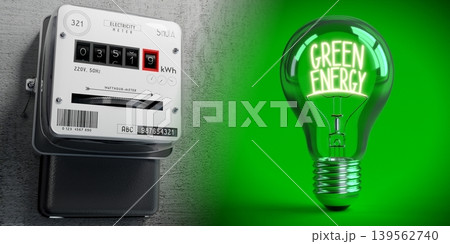 Electricity meter and light bulb - green energy concept - 3D illustration Electricity meter and light bulb - green energy concept - 3D illustration 139562740